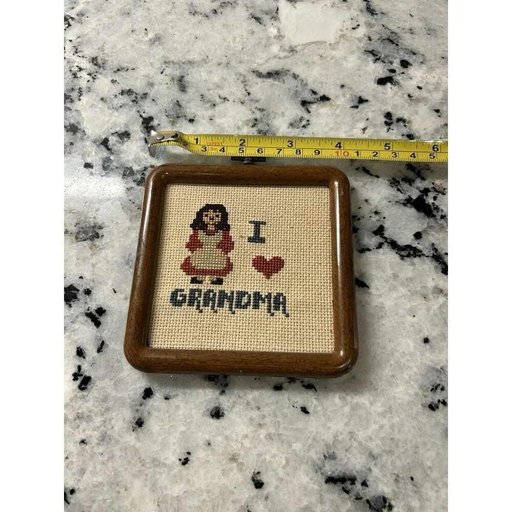 Vintage Needlepoint Tapestry I Love Grandma Cottage Core 4”x4” Ornament Brown